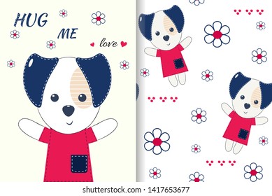 Postcard with cute puppy and seamless pattern in the set. Cute character, vector design. Colorful vector background. Background with English text, animal. Funny card, phrase.