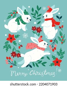 Postcard with cute rabbits in hats and scarves. Vector graphics.