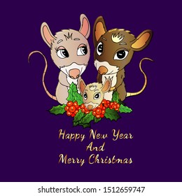 Postcard of cute rats and red holly for new year 2020.  Cute rat characters. Mother and father rats with a child rat vector.