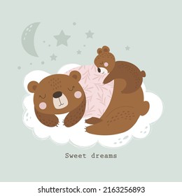 Postcard with a cute sleeping cartoon bear. Sweet Dreams. Vector illustration