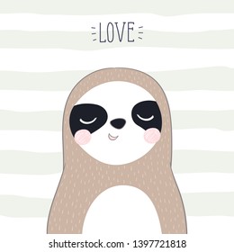Postcard cute sloth on a striped background with the words "love".