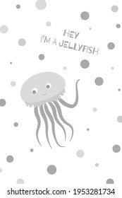 Postcard with cute smiling jellyfish. Vector illustration.