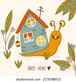 postcard with cute snail and home