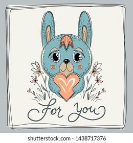 Postcard with a cute vintage animal boy rabbit, bunny with a heart and an inscription for you.