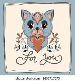 Postcard with a cute vintage animal cat or kitten with a heart and an inscription for you.