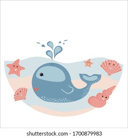 Postcard with a cute whale and shells. Vector illustration for the design of a children's poster, children's print, avatar or greeting card