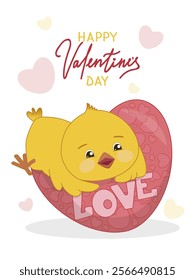 Postcard with cute yellow fluffy chick lying on heart. For Saint 14th February holiday. Flat vector illustration for card, invitation, banner, poster, flyer, label or cover