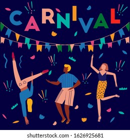 Postcard with dancing people in bright clothes. Card for carnival in Brazil. Abstract memphis background. Concept of festival, party.Design element for banner, poster, card.Flat vector illustration