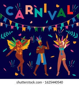 Postcard with dancing people in carnival costumes. Card for carnival in Brazil. Abstract memphis background. Concept of festival, party.Design element for banner, poster, card.Flat vector illustration