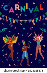 Postcard with dancing people in carnival costumes. Card for carnival in Brazil. Abstract memphis background. Concept of festival, party.Design element for banner, poster, card.Flat vector illustration
