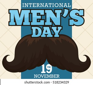Postcard with dark mustache over a beige background and blue ribbon with greeting message for International Men's Day.