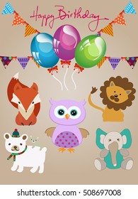 postcard to the Day of birth of animals: lion, elephant, Fox, owl, bear