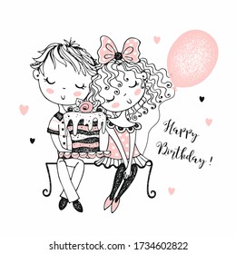 Postcard to the day of birth. A boy gives a girl a big cake. Vector.