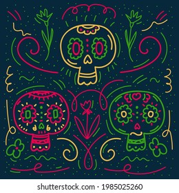 Postcard Day of the Dead. Poster with bones and skulls doodle. Children's cartoon drawing. Vector illustration