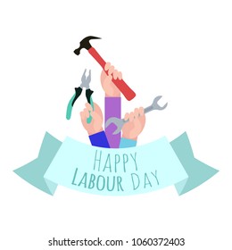 Postcard to the Day of Labor. Working with tools. Ribbon with congratulations. Happy Labour day