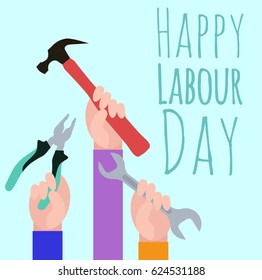 Postcard to the Day of Labour. Working with tools. Happy Labour day