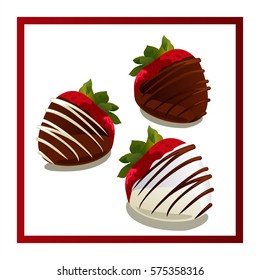 Postcard to the day of lovers strawberries in white and dark chocolate - vector illustration