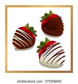 Postcard to the day of lovers strawberries in white and dark chocolate on 
gold frame - vector illustration