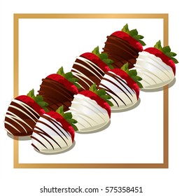Postcard to the day of lovers strawberries in white and dark chocolate on 
gold frame - vector illustration