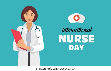 Postcard To The Day Of A Nurse May 12, Banner With A Female Doctor And Place For Text