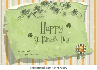 Postcard to the day of St. Patrick with clover leaves and bow