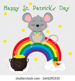 Postcard to the day of St. Patrick. A cute gray mouse in a medallion stands on a rainbow and holds a gold coin, a bird in a gnome hat. Cartoon style, flat design. Vector.