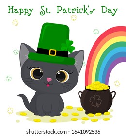 Postcard to the day of St. Patrick. Cute gray kitten in a green hat of leprechaun sitting, bowler with gold coins, rainbow. Cartoon style, flat design. Vector illustration.