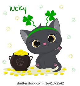 Postcard to the day of St. Patrick. Cute gray kitten in a rim of clover sits lifted a paw, a bowler hat with gold coins. Cartoon style, flat design. Vector illustration.