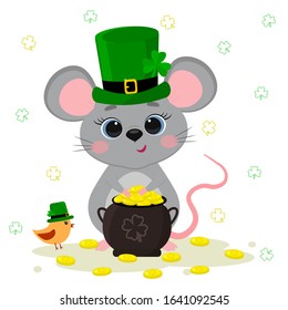 Postcard to the day of St. Patrick. Cute gray mouse in a green hat a dwarf holds a bowler hat with gold coins, a bird, a clover. Cartoon style, flat design. Vector illustration.