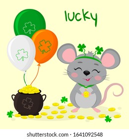 Postcard to the day of St. Patrick. A cute gray mouse in a rim with clover stands and holds a coin in its paws, a pot of gold coins, three balls. Cartoon style, flat design. Vector.