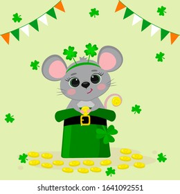 Postcard to the day of St. Patrick. A cute gray mouse in a rim with clover, sitting in a green hat and holding a gold coin. Cartoon style, flat design. Vector illustration.