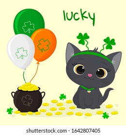 Postcard to the day of St. Patrick. Cute gray kitten rim with clover sitting, pot of gold coins, three balls. Cartoon style, flat design. Vector illustration.