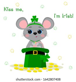 Postcard to the day of St. Patrick. Cute gray mouse in a rim with clover and medallions, sitting in a green hat, bowler hat and gold coins. Cartoon style, flat design. Vector illustration.