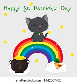 Postcard to the day of St. Patrick. A cute gray kitten in a medallion sits on a rainbow, a bowler hat with gold coins, a bird in a leprechaun hat. Cartoon style, flat design. Vector