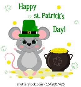 Postcard to the day of St. Patrick. A cute gray mouse in a green hat, a dwarf stands and raised his paws, a bowler with gold coins, a clover. Cartoon style, flat design. Vector illustration.