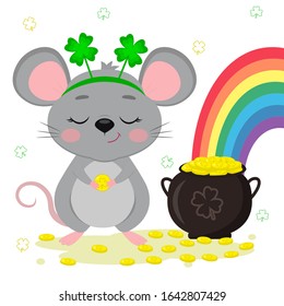 Postcard to the day of St. Patrick. A cute gray mouse in a rim of clover stands and holds a coin in its paws, a bowler with gold coins, a rainbow. Cartoon style, flat design. Vector illustration.