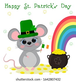 Postcard to the day of St. Patrick. Cute gray mouse in a green hat stands and holds the flag of Ireland, bowler hat with gold coins, rainbow. Cartoon style, flat design. Vector illustration