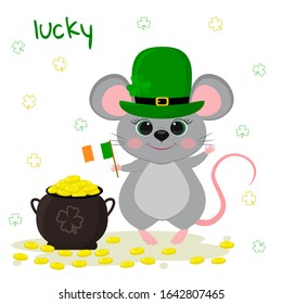 Postcard to the day of St. Patrick. Cute gray mouse in a green leprechaun hat, holds the flag of Ireland, bowler hat with gold coins. Cartoon style, flat design. Vector illustration.