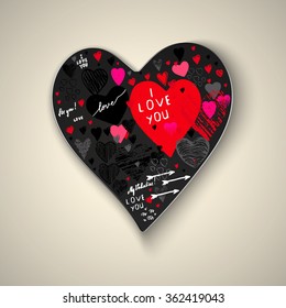 Postcard of the Day of St. Valentine, surround the vector heart with inscriptions and graffiti scrawl.