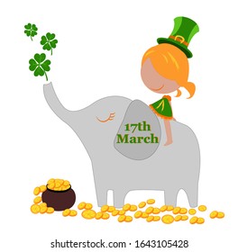 Postcard day St.Patrick cute girl in a green hat vector illustration 