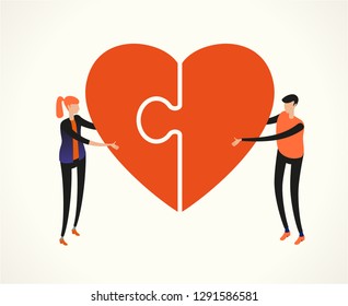 Postcard to the day of Valentine's. Man and woman hold a heart icon. Vector illustration for Valentine's day  greeting cards