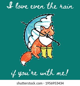 Postcard with a declaration of love with a fox and an umbrella.