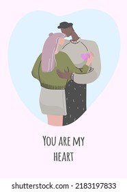  Postcard with a declaration of love. Vector illustration with a couple in love in a heart shape frame.