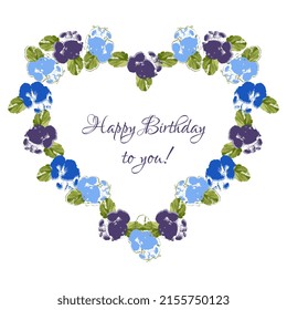 Postcard decor in the form of a heart made of violets. Vector illustration