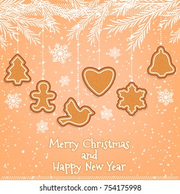 Postcard decorated with Christmas gingerbread. Happy Holidays.