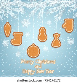 Postcard decorated with Christmas gingerbread. Happy Holidays.