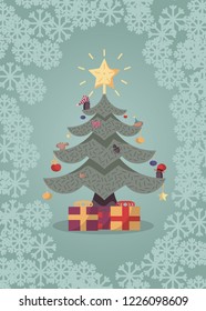 Postcard with a decorated Christmas tree, birds and animals and wrapped presents framed with snowflakes. Pastel colours. Green background. Flat cartoon style vector illustration.