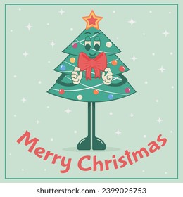 A postcard with a decorated Christmas tree in retro style
