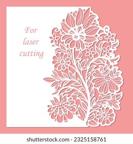 Postal con flores decorativas. Plantilla para corte láser a partir de papel, cartón. Para el diseño de tarjetas de boda, sobres, menús, plantillas, scrapbookers, etc. Vector