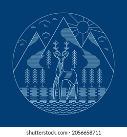 Postcard with a deer on the background of nature: mountains, forests, sun. Wild animal with horns. Vector illustration. Flat design.